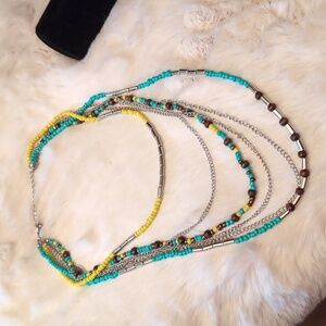 Silver Toned  Multi Strand Chained and Multicolore Beaded Necklace